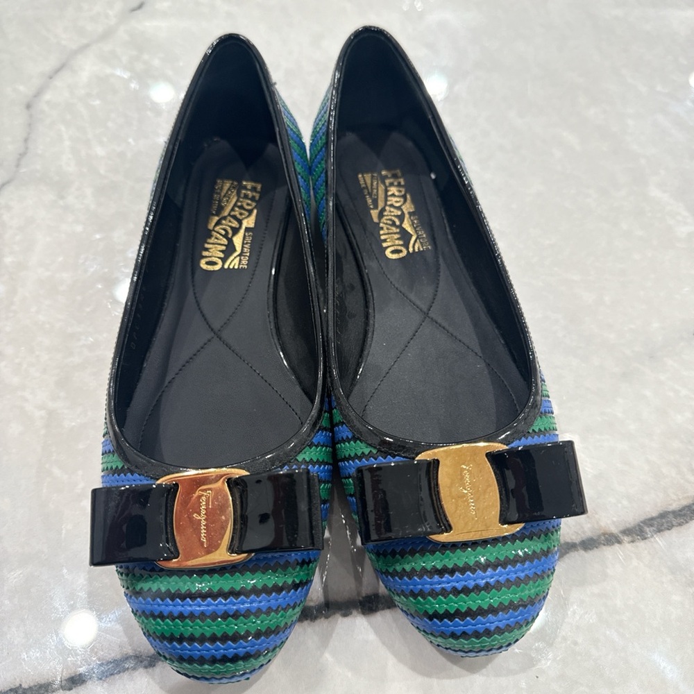 Salvatore Ferragamo Black and Blue Patterned Flats